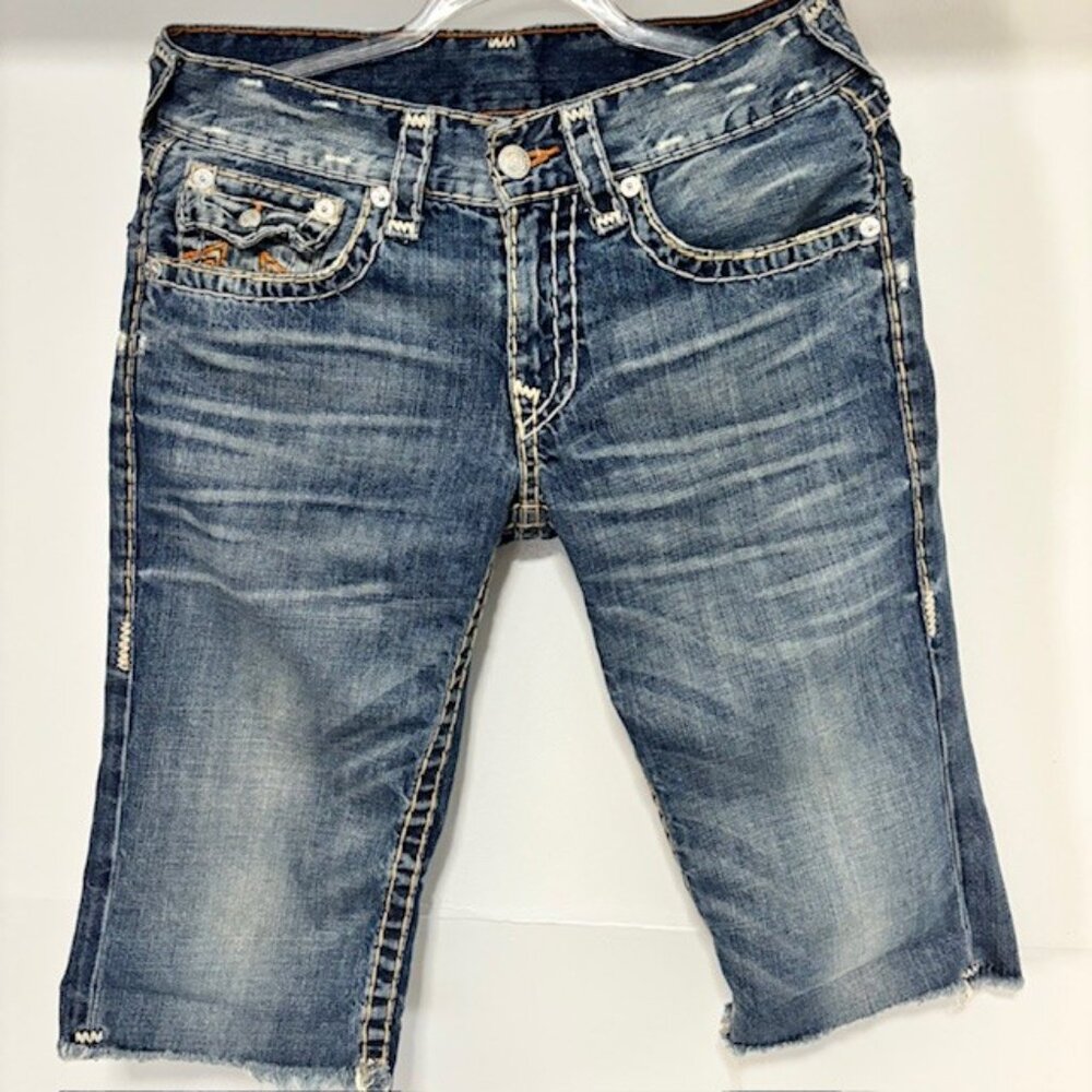 True Religion Cut Off Bermuda Jean Shorts 29 Med Wash Premium Stitch Y2K Revival